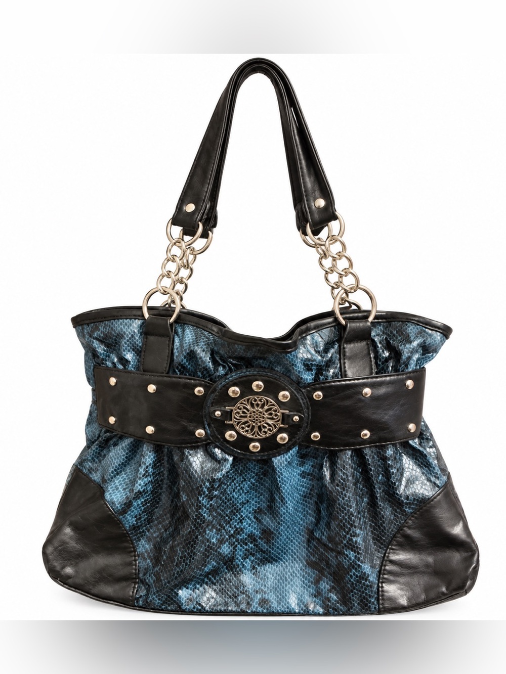 Blue & Black Snakeskin Print Studded Chain Strap Shoulder Bag - Picture 1 of 4